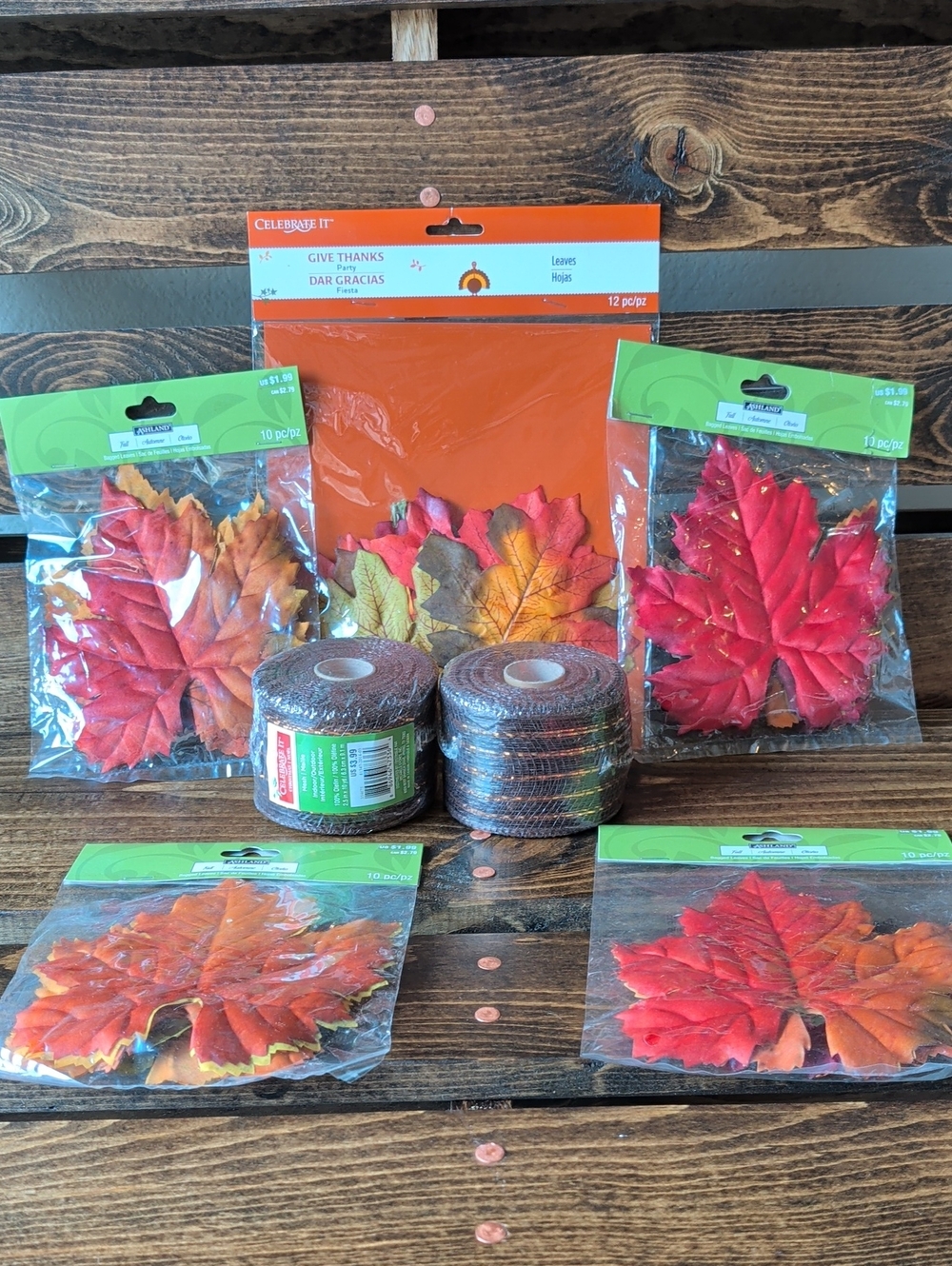 Bundle of Fall Ribbon and Decorative Leaves